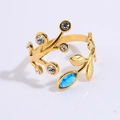 Gold adjustable stainless steel ring featuring branch design with blue marquise crystal - Blue Garland Style (JZ26-11)