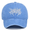 Detail of heavy metal style white embroidery on light blue washed cotton baseball cap - Adjustable / Light Blue