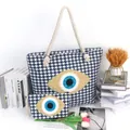 Blue and white houndstooth tote bag set with Evil Eye crochet and thick rope handles - Blue and White Houndstooth Style (眼睛-4)