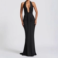 Robe longue noire élégante avec décolleté en V plongeant, dos nu et détails plissés - S / Noir