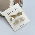 Set di fermagli per capelli con fiocco dorato e paillettes bianche su card - Fiocco + Paillettes / Oro/Beige