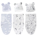 Newborn swaddle wrap and hat set with moon, animal, and milk prints in soft cotton - Cloud/Milk/Elephant 3-Pack Swaddle + Hat Set