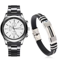 Détail d'une montre à quartz noire pour homme et d'un ensemble de bracelet en silicone - Cadran Blanc + Bracelet à Boucle Argentée