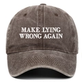 Close-up of vintage brown cotton baseball cap with Make Lying Wrong Again white embroidery - One Size / Coffee