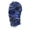 Close-up of mixed blue knit balaclava mask featuring distressed fringe and tassel texture - Sapphire Blue