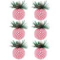 Set of 6 red and white plaid Christmas balls with pine needles and berries decor - 6cm Style 3 (Red White Plaid)