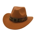Detail of western felt hat with decorative black band and red gemstone buckle ornament - Khaki