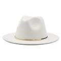 Detail of white wool fedora hat with black band and gold metallic tube accent - One Size 58cm / White