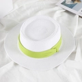 White flat-top straw sun hat featuring a vibrant lime green ribbon on a white background - M (56-58cm) / White