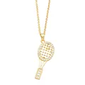 Minimalist gold tennis racket necklace with micro-pave zirconia pendant and cross chain - C-Tennis Racket