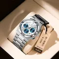 Poedagar men's chronograph with white dial and blue sub-dials on beige velvet - Silver Case White Dial Blue Ring