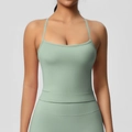 Detailed close-up of a Morandi green fitness tank top with slim straps and quick-dry fabric - S / Basil Green