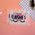 Pink EVA eyelash storage bag with But First Lashes print and a white zipper closure - Pattern 22-But First Lashes