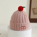 Detail of pink knitted hat with red pompom, green leaves and cherry embroidery - 1-4 Years / Pink