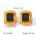Detail view of gold rectangle earrings with black square center and size measurements - Rectangle Style (HC-E10987)