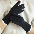 Women's black thermal gloves with white faux fur trim and pearl accents on wrist - One Size / Black