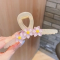 Eleganter großer Haarclip in Cremeweiß mit rosa Blumen und goldener Feder - Lila