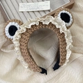 Brown handmade crochet frog headband with big eyes and white lace for women - Lace Style / Khaki