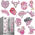 Set di 12 adesivi magnetici DIY diamante rosa con motivi cowboy western e cuori - Magneti da Frigorifero con Strass Rosa e Bianchi (Set da 12)