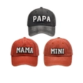 Three washed cotton baseball caps with PAPA, MAMA, and MINI embroidery in dark grey and red - Black and Orange Set