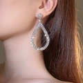 Luxury silver-tone geometric teardrop earrings with sparkling crystal pavé stones - Silver Hollow Out Large Water Drop Earrings