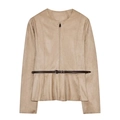 Women's beige faux suede short jacket with zip closure and slim dark brown belt - XS / Apricot