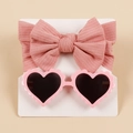 Close-up of pink ribbed bow headband and heart-shaped sunglasses set on card - Paper Card 2pcs Set / Brick Red