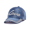 Blue denim baseball cap with sparkling silver rhinestone Love text and metal rivets - 23-Love Rhinestone-Medium Blue