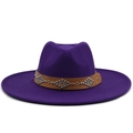 Close-up of a purple wool fedora with a studded brown leather band and wide brim - M (56-58cm) / Purple