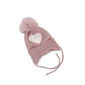 Close-up detail of pink knitted baby hat with white heart pattern and earflaps - Kids (49-52cm) / Pink