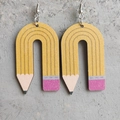 Cute pencil-shaped wooden earrings with leopard print detail and pink eraser accent - Classic Yellow Pencil