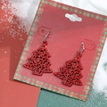 Sparkly red Christmas tree earrings with glitter finish on festive snowflake background - 09 Red Christmas Tree