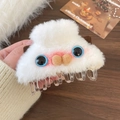 Cute white plush monster hair claw clip with blue eyes and brown ears for women - White