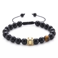 Detail of beaded bracelet with black onyx, tiger eye stone and pavé zircon letter U charm - Letter U-Black Agate Bracelet