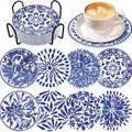 Set of 8 blue mandala rhinestone car coasters with black metal holder and mosaic texture - Blue Bohemian Mandala Style (BD997)