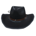 Cappello da cowboy nero intrecciato con fascia marrone stellata e tesa rovesciata - Cappello di Paglia Sfumato (CM0287) / Nero Con Corda Antivento (Pentagramma in Pelle Gialla)