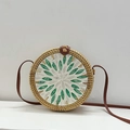 Round rattan crossbody bag with green leaf pattern and brown leather strap - Green Leaf