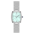 Women's watch with silver metal case, light green dial, and crystal markers on link band - Light Blue
