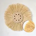 Bohemian 45cm diameter handmade wall decor with woven straw and hollow carved wood center - Wooden Bead Openwork Woven Wall Decor