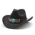 Classic black wool felt cowboy hat with turquoise stone and brown ethnic leather band - M (56-58cm) / Black