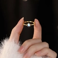 Elegant S925 sterling silver open ring with blue moonstone and gold plating details - Adjustable Open / Gold