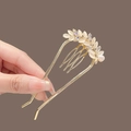 Elegant gold U-shaped hair fork with cat eye leaves, crystals, and a white pearl accent - Leaf Cat's Eye Hair Comb - Gold