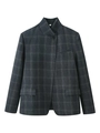 Gedetailleerde close-up van donkergrijze geruite blazer met klepzakken en fijne naden - S / Donkergrijs Geruit