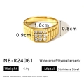 Macro view of gold stainless steel ring with zircon inlays and detailed measurements - US 8 / Nine Zircon Watchband Texture Style (NB-R24061)
