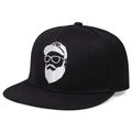 Classic black snapback hat with white embroidered bearded man graphic, side 45-degree view - Adjustable / Black