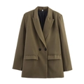 Women's double-breasted solid blazer in dark khaki with classic notched lapels and flap pockets - Light Green
