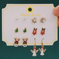 6-pair Christmas stud earring set featuring reindeer, snowflakes, and festive trees - 37 Reindeer Angel (6 Pairs Set)