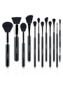 Vue détaillée de 12 pinceaux de maquillage noirs avec poils doux et embouts argentés - Poils Noirs Emballage Simple