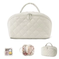 Macro view of large capacity quilted cosmetic bag with multi-angle details - Off-white (Main Bag And Transparent Pouch)