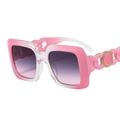 Pink gradient square sunglasses with chain temples and gold Greek key accent - Gradient Pink Frame Gradient Grey Pink Lens